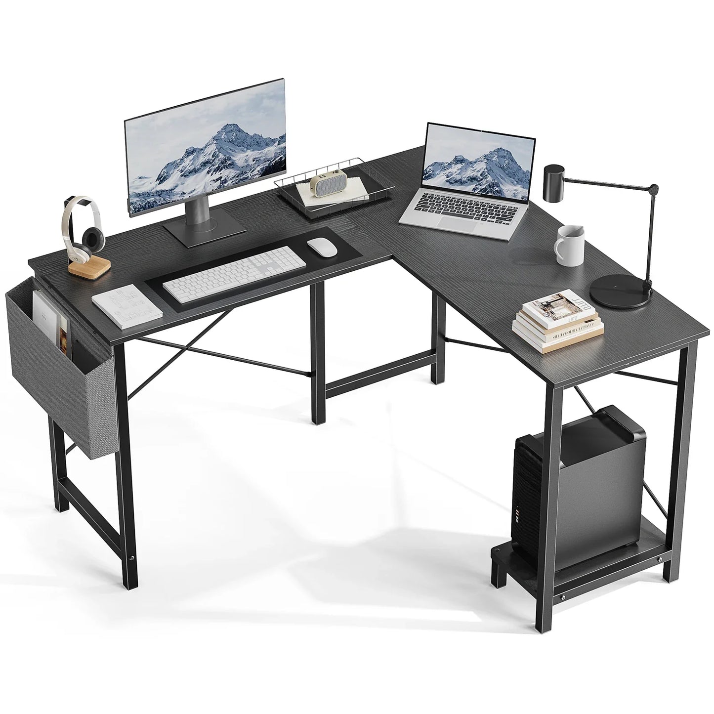 50-Inch Gaming Corner Desk – Wooden Office Writing Table with CPU Storage Shelf & Side Bag for Small Spaces