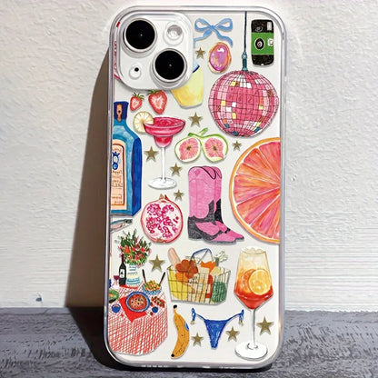 Summer Vibe Clear Phone Case — Soft Silicone Disco Ball & Fruit Design Cover for iPhone 7-16 Pro Max, Mini, XR, 11-15