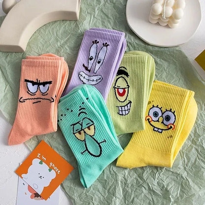 5-Pair SpongeBob Anime Cotton Socks — Breathable Long Tube Mid-Calf Socks for Boys & Girls, Comfortable Student Gift