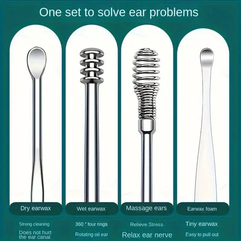 6pcs Stainless Steel Ear Wax Removal Tool Set – Spiral Rotating Ear Picker Spoon for Cleaning & Collecting Ear Wax