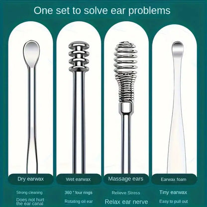 6pcs Stainless Steel Ear Wax Removal Tool Set – Spiral Rotating Ear Picker Spoon for Cleaning & Collecting Ear Wax