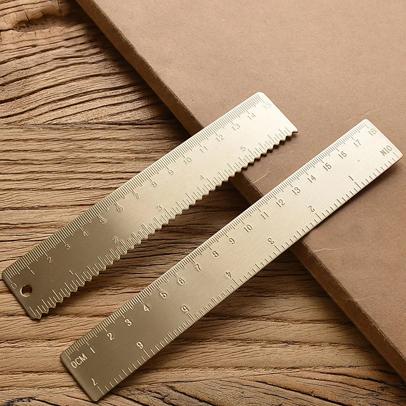 Vintage Brass Straight Ruler — Metal Triangle Protractor Measuring Tool for Students
