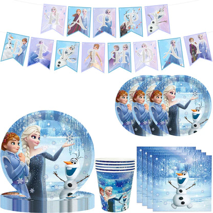 Disney Frozen Happy Birthday Party Disposable Tableware Set - Paper Supplies for 10 Guests, Baby Shower Girl Favor, Event Party Decorations