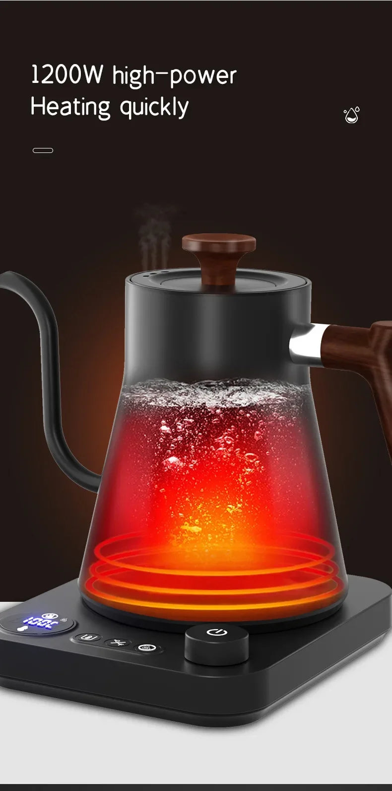 1200W Electric Gooseneck Kettle - Intelligent Constant Temperature Control Coffee & Tea Pot, Portable Hand Brewed Kettle