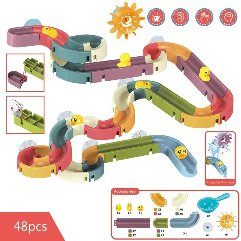 Baby Duck Bath Track Toy Set - DIY Stackable Marble Slide Water Game Toy for Kids Bathtub Fun Gift