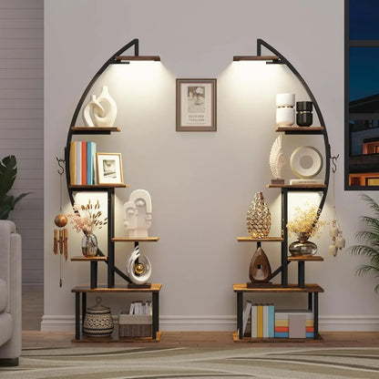 64" Tall Arched Bookshelf with Lights - 2-Pack 7-Tier Ladder Bookcase for Home Office Storage & Display