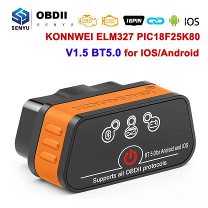 Efficient Car Care: Konnwei ELM327 V1.5 Bluetooth 5.0 OBD2 Scanner - Advanced OBDII Auto Car Diagnostic Tools for Easy Code Reading
