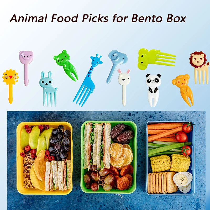 Adorable Mini Food Picks for Kids: Animal Cartoon Forks with Cutter and Silicone Lunch Box Dividers - Perfect for Snacks, Cakes, and Fruits