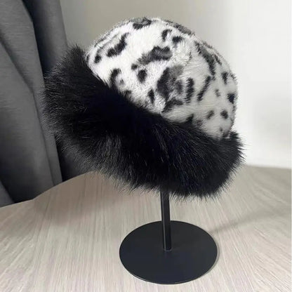 Retro Leopard Print Plush Cat Ear Beanie – Thick Warm Fur Hat for Women, Windproof & Fluffy Winter Snow Cap