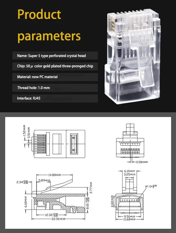 50 PCS RJ45 Cat6 Connectors — Unshielded Perforated Crystal Head for Network Cables