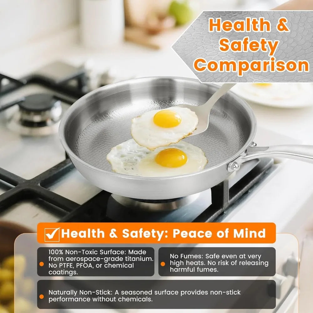 Titanium Steel Frying Pan with Lid - Non-Stick Uncoated Fish Scale Hammer Pattern Titanium Alloy Kitchen Cookware