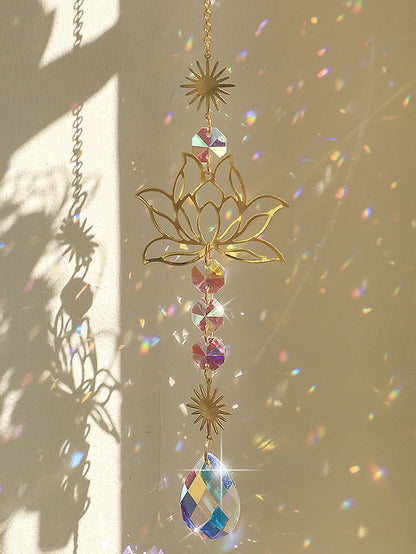 Golden Lotus AB Crystal Suncatcher Pendant – Colorful Water Drop Decoration for Gardening Crafts and Home