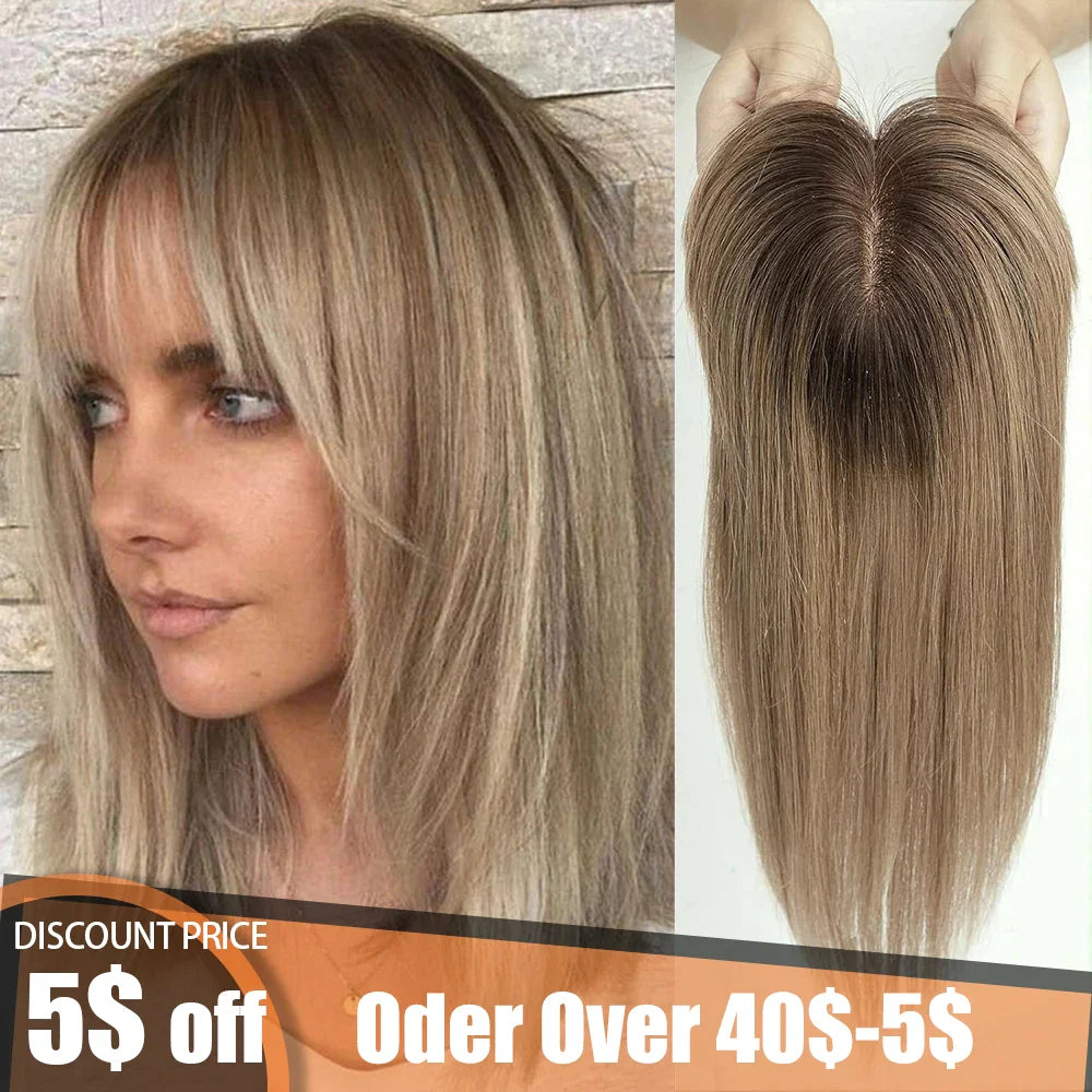10" Brown Ombre Remy Human Hair Topper – Straight with Bangs, Silk Base, Clip-In Extension for Women