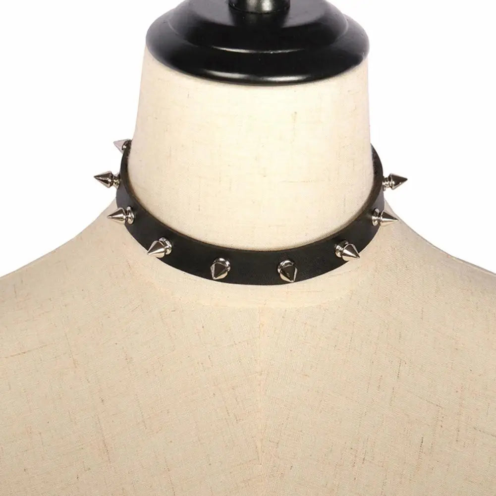 Black PU Leather Spike Choker Necklace – Studded Punk Gothic Biker Collar for Women & Men