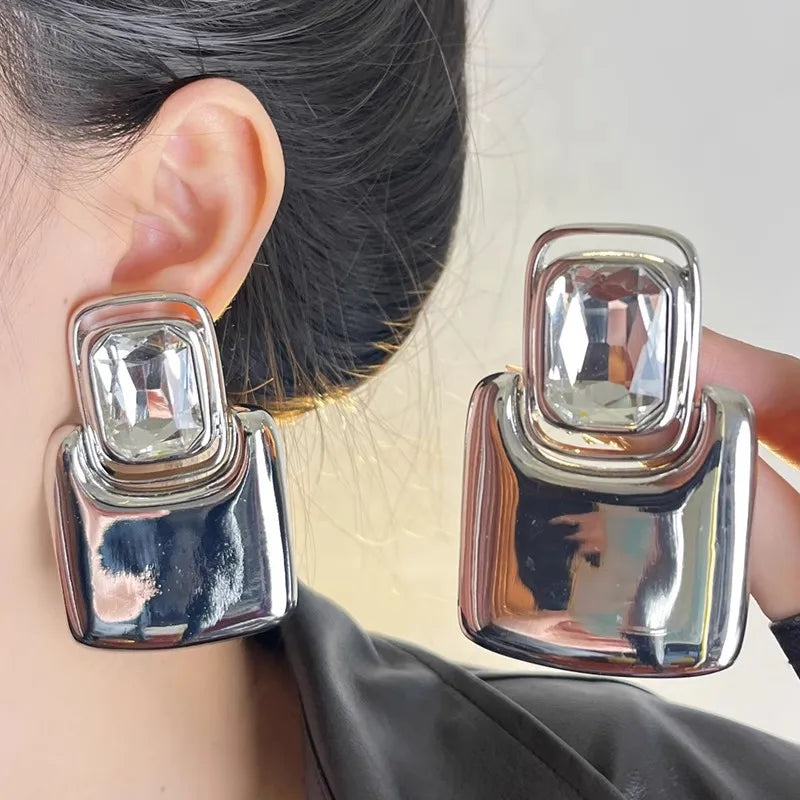 Vintage Large Geometric Crystal Earrings – Exaggerated Metal Statement Jewelry for Women