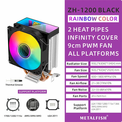 METALFISH ZH1200 CPU Cooler — 2 Heatpipe ARGB Radiator with 4-Pin PWM Silent Fan for Intel LGA 1700/1200/115X/1366/2011 & AMD AM5/AM4/AM3