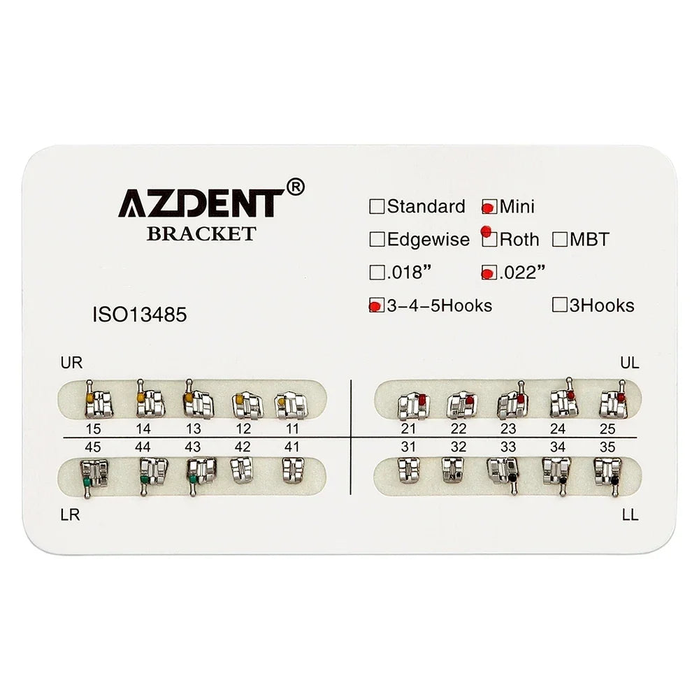AZDENT 10 Packs Dental Brackets – Orthodontic Metal Mini Standard Roth MBT Slot 0.022/0.018 with Hooks, 20 Pcs per Pack