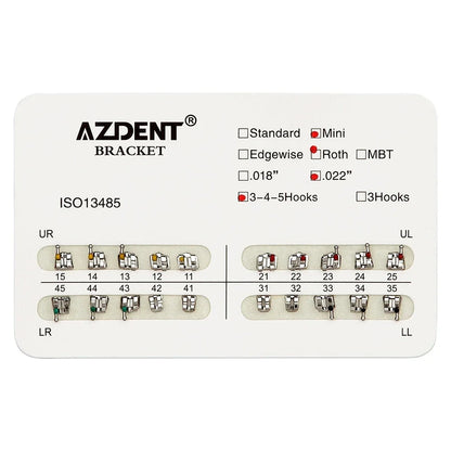 AZDENT 10 Packs Dental Brackets – Orthodontic Metal Mini Standard Roth MBT Slot 0.022/0.018 with Hooks, 20 Pcs per Pack