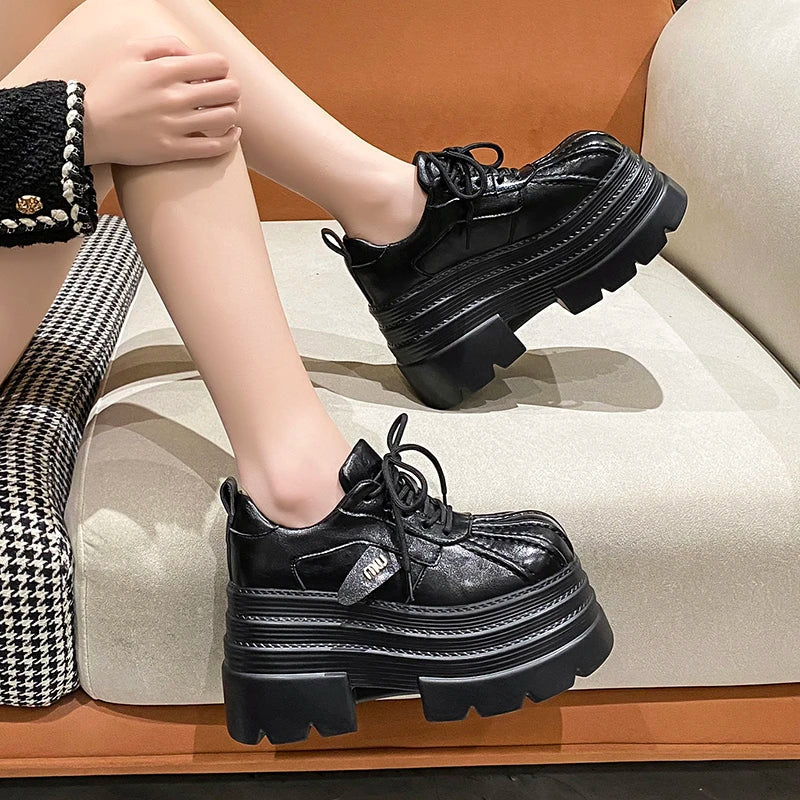 2025 Women’s Leather Sneakers – Spring High Platform Lace-Up Casual Shoes, 10CM Thick Sole Walking Zapatos Mujer