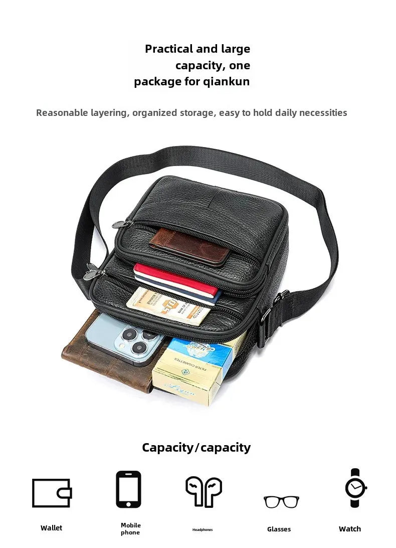 Men’s Genuine Leather Crossbody Bag – Small Outdoor Casual Bag for Motorcycle and Daily Use