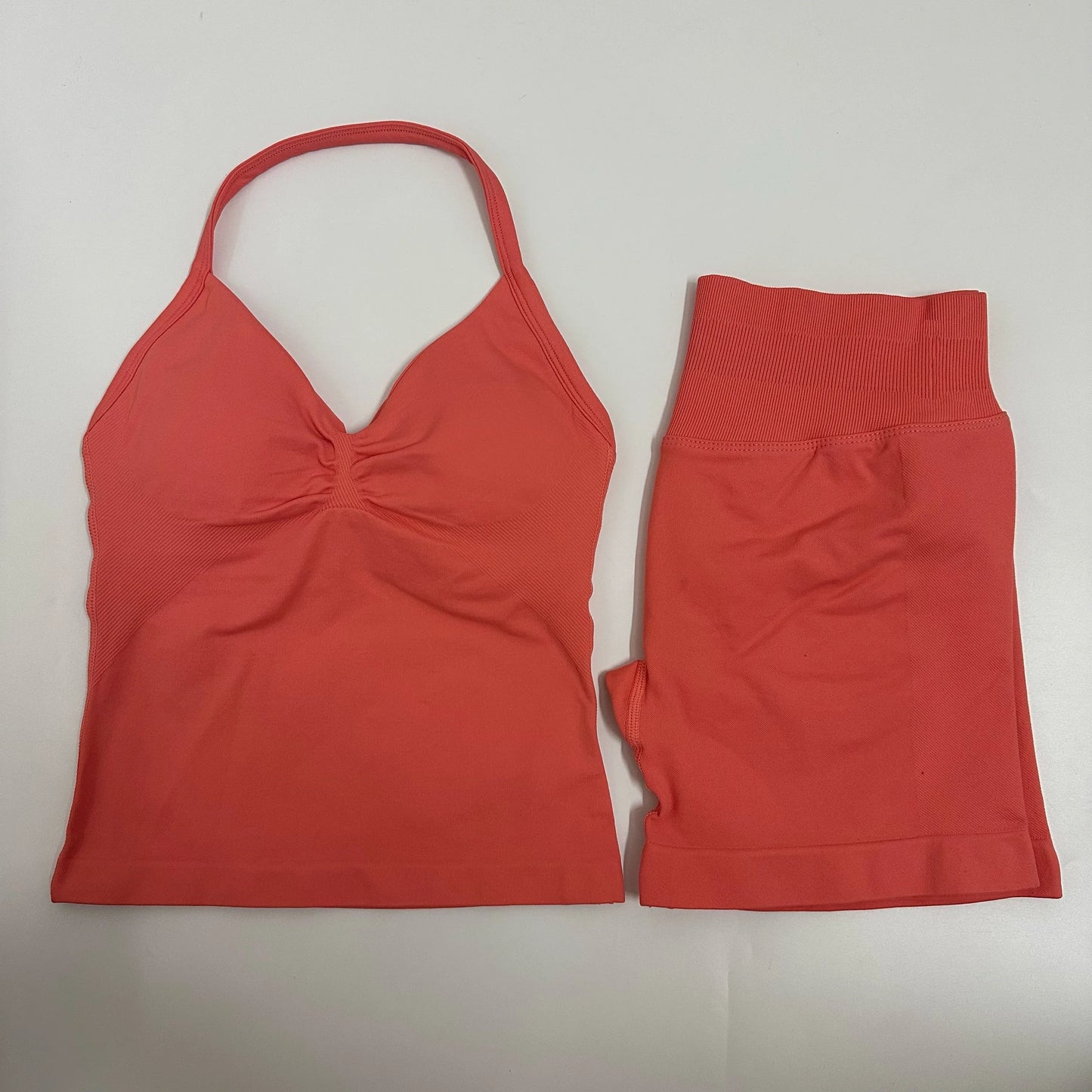 2-Piece Women’s Yoga Set – Seamless Longline Strappy Tank Top & Scrunch Sports Shorts, Summer Workout Gym Outfit