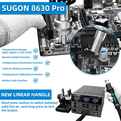 SUGON 8630Pro 1300W Hot Air Gun - Digital Display BGA Rework Station with Curved Nozzle for Welding & Desoldering Repair