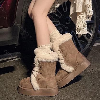 Comemore Women’s Winter Fur Snow Boots – Lace-Up Fluffy Plush Platform Ankle Boots with Thick Cotton Padding