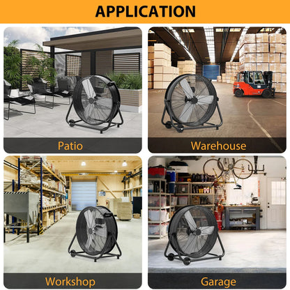 24-Inch Industrial Drum Fan High Velocity Floor Fan – 3 Speed Heavy Duty Metal Air Circulator with 360° Adjustable Tilt for Warehouse & Commercial Use