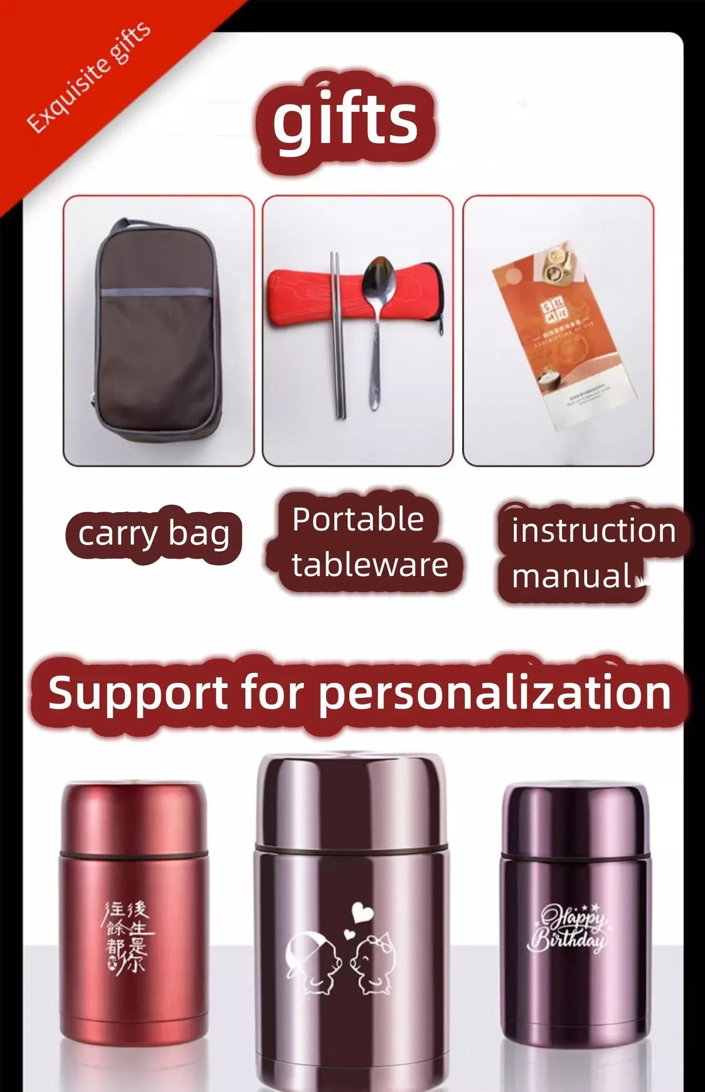 600/800/1000ml Stainless Steel Food Thermos — 316 Vacuum Insulated Lunch Jar with Spoon & Carry Bag for Kids