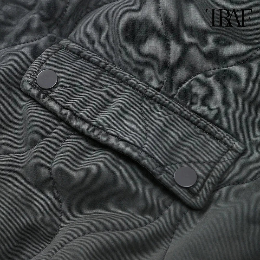 TRAF Women’s Quilted Aviator Jacket – Solid Color Round Collar Long Sleeve Casual Coat