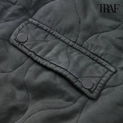 TRAF Women’s Quilted Aviator Jacket – Solid Color Round Collar Long Sleeve Casual Coat