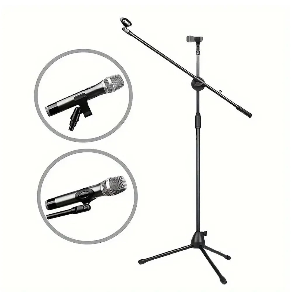 Adjustable Tripod Microphone Stand – Boom Mic Stand with Dual Mic Clip Holder, Collapsible Studio Mic Bracket for Recording & Live Use