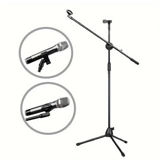 Adjustable Tripod Microphone Stand – Boom Mic Stand with Dual Mic Clip Holder, Collapsible Studio Mic Bracket for Recording & Live Use