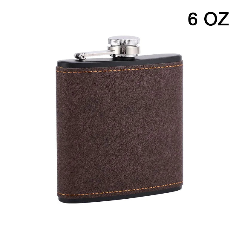 6/8oz Portable Hip Flask – Brown Leather Covered Stainless Steel Flask for Whiskey & Alcohol, Men's Gift