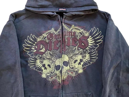 2000s Red Couple Zipper Hoodie – Vintage Y2K Skull Snake Cotton Full-Zip Sweatshirt