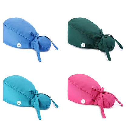 Adjustable Surgical Scrub Cap with Buttons – Ponytail Bouffant Nursing Turban Hat for Women & Men