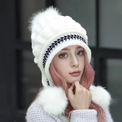 Cozy Knit Fleece Beanie with Ear Flaps & Pompom — Warm Winter Hat for Women, Ideal for Skiing & Outdoors