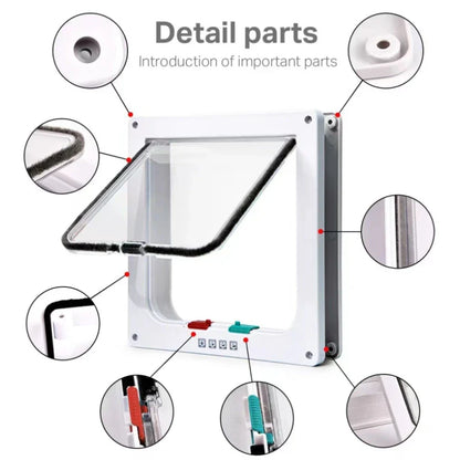 4 Way Security Lock Cat Flap Door: Controllable Switch, Transparent ABS Plastic Gate - Puppy Kitten Safety In&Out Pet Doors Kit