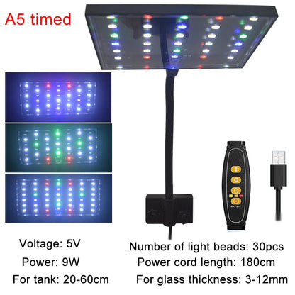 USB Aquarium LED Grow Light – Full Spectrum Fish Tank Lamp with Adjustable Brightness, Timer & 360° Rotatable Dimmable Clip Light