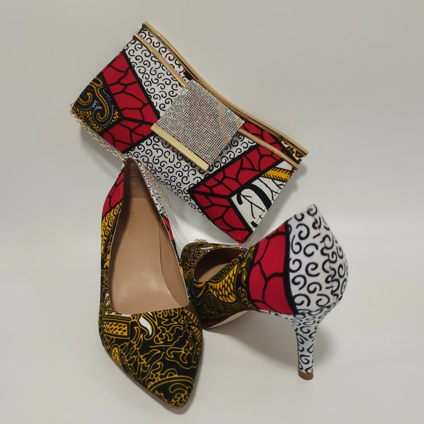 African Ankara Women’s Block Heel Shoes & Purse Set - Nigerian-Inspired Pointed Toe Fashion Accessories