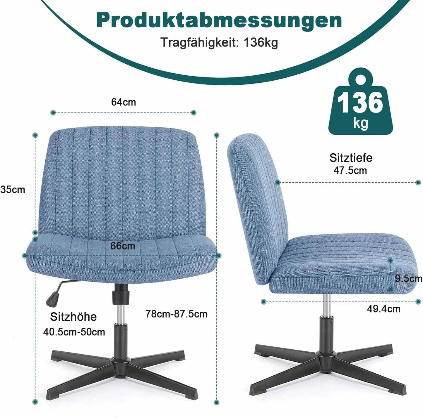 Criss-Cross Leg Office Chair – Armless Wide Seat, Height Adjustable Swivel for Home or Desk