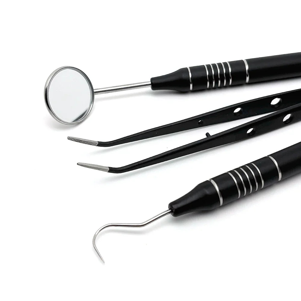 3pcs Dental Mouth Mirror Tweezers & Curved Probe Kit – Stainless Steel Oral Cleaning Instruments