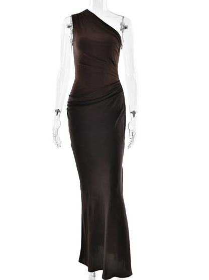 JULISSA MO Women’s Patchwork Satin Maxi Dress – Sexy One-Shoulder Brown Sleeveless Evening Party & Clubwear Dress