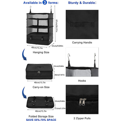 Portable Travel Luggage Organizer – 3-Shelf Collapsible Hanging Closet & Packing Cube Storage Bag