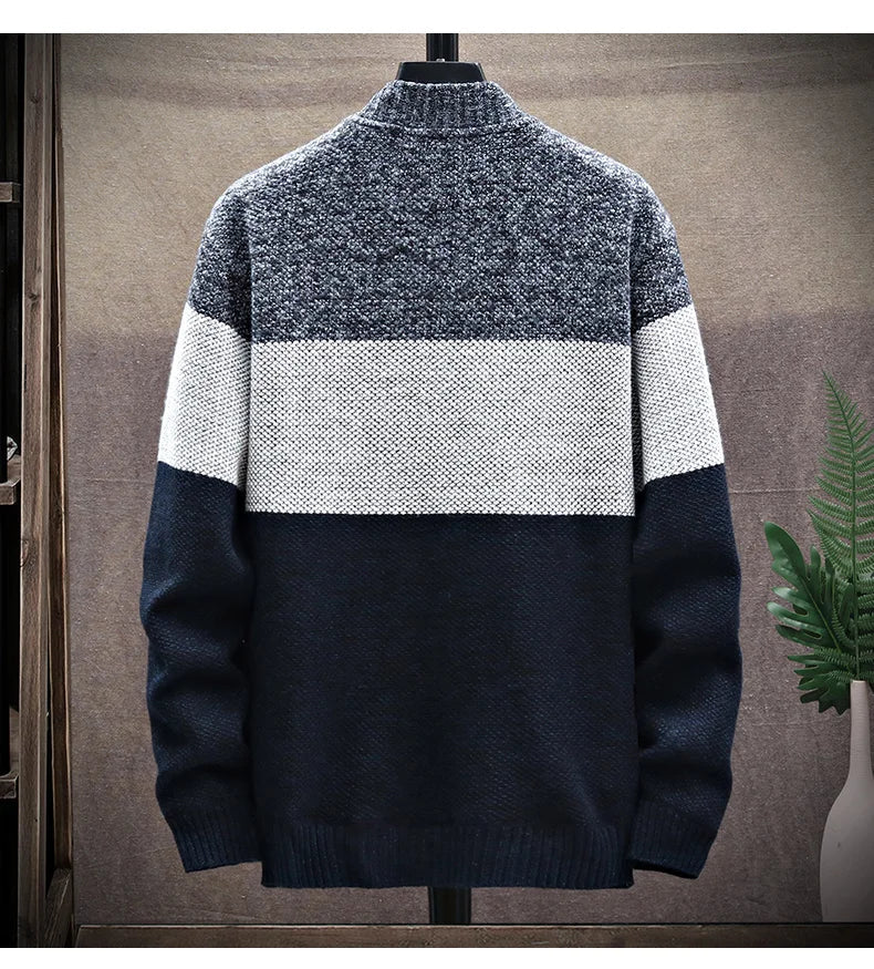 Men's Fleece Zipper Cardigan – Autumn Winter Velvet Striped Sweater Jacket
