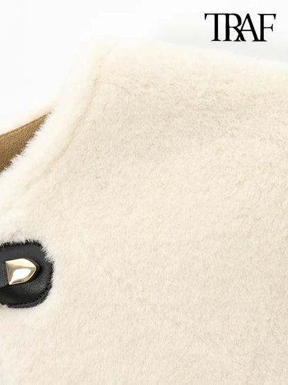 TRAF Women’s Thick Warm Faux Fur Jacket – Long Sleeve Coat with Front Toggle, Chic Fashion Outerwear