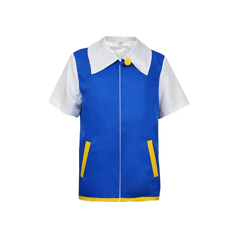 Men’s Anime Trainer Cosplay Costume — Ash Ketchum Outfit for Halloween & Parties with Blue Jacket, Cap & Gloves Set