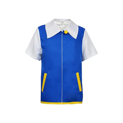 Men’s Anime Trainer Cosplay Costume — Ash Ketchum Outfit for Halloween & Parties with Blue Jacket, Cap & Gloves Set