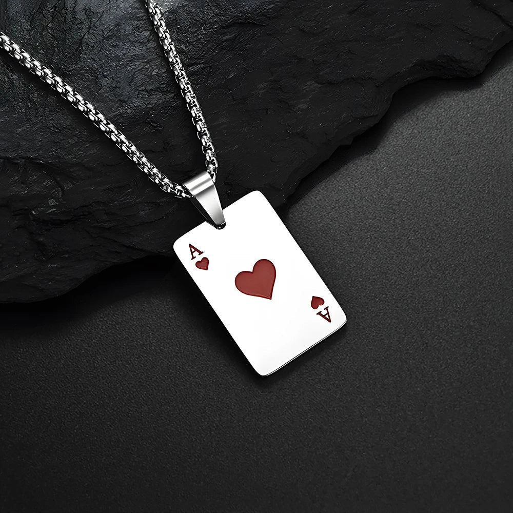 Hip Hop Poker Card Necklace – Stainless Steel Ace of Spades & Hearts Pendant Chain for Men