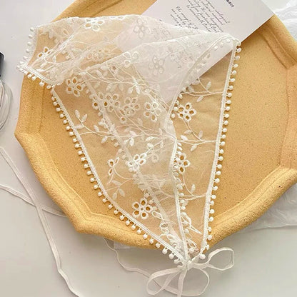 White Woven Floral Lace Hair Scarf Wrap – Retro Triangle Headscarf, Travel & Photo Hat, Hair Accessories for Women